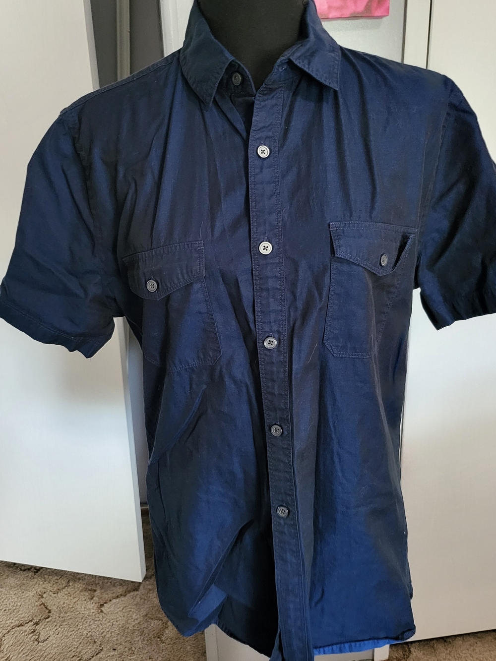 Express Men's Navy Short-Sleeve Button Down Shirt